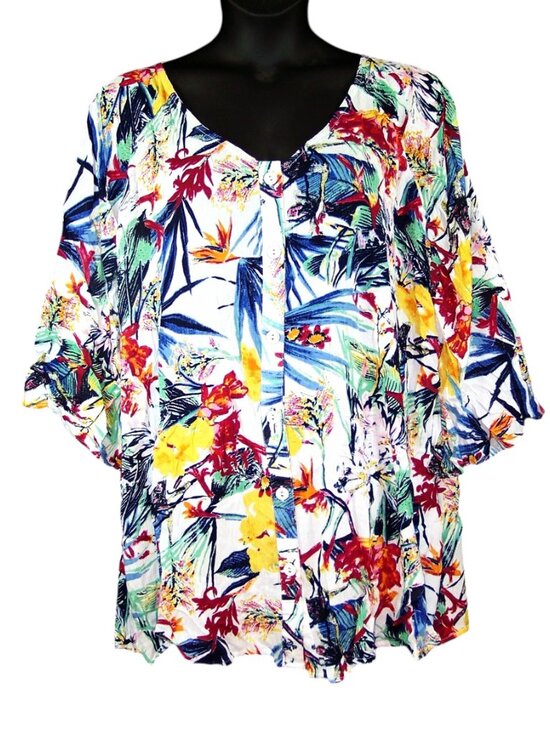 Roaman's Tops - NEW Roaman's Angelina Tunic 22W Tropical Print Cold Shoulder Crinkle Crepe Top